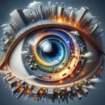 The primary subject of the image is a large, colorful, and intricate eye. The eye is surrounded by a cityscape, featuring tall buildings and a busy street. The visual style of the image is digital art, with a vibrant and detailed representation of the eye. The colors and mood of the image are lively and energetic, with the eye being the focal point of the scene.